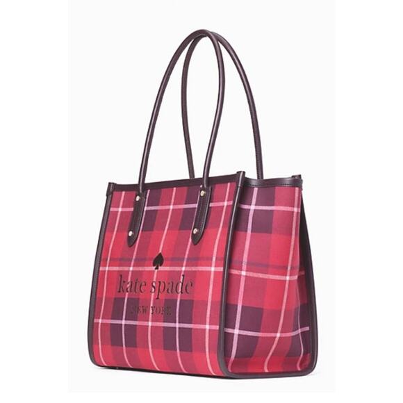 KATE SPADE PLAID TOTE BAG "ELLA" BRIGHT ROSE RED & BLACK PURSE NEW! - Picture 2 of 5